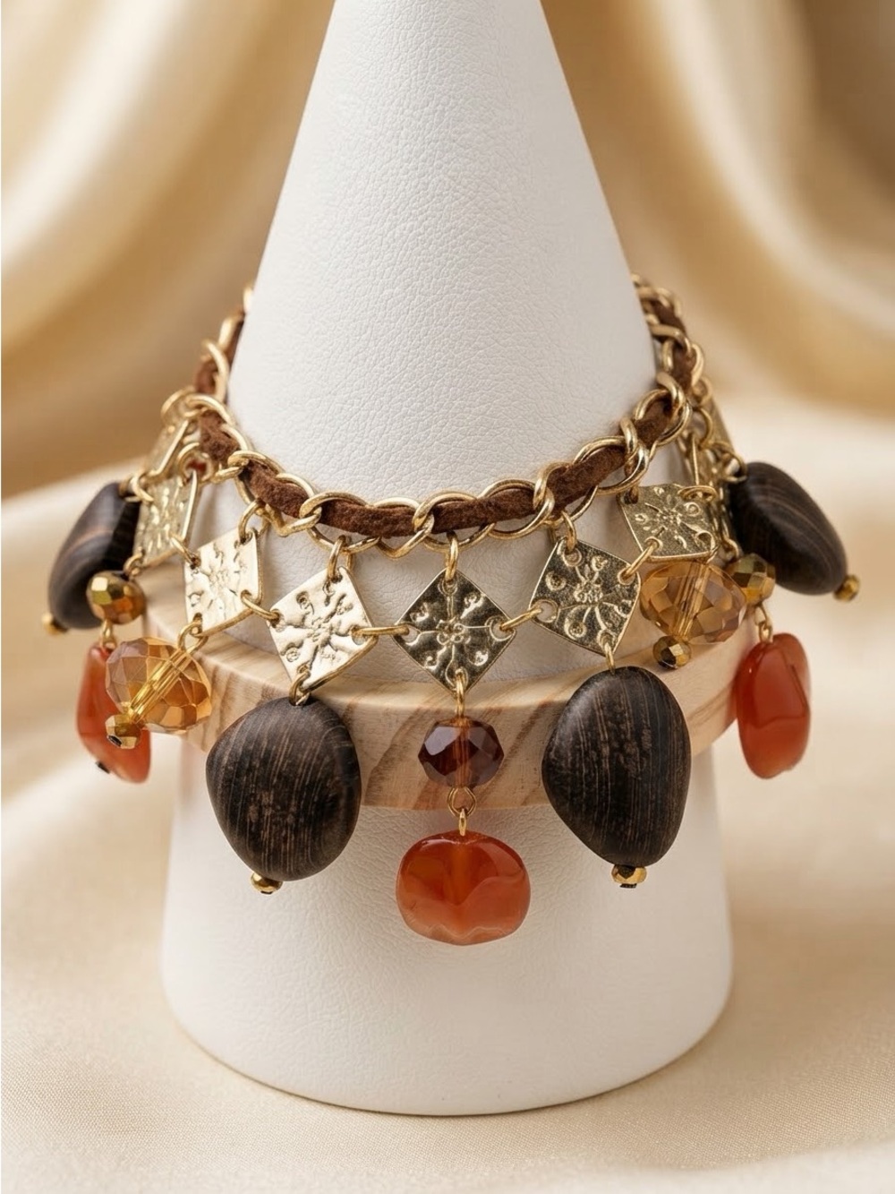 Vintage Brown Amber Multi-Charm Bracelet | Antique Gold Autumn Bracelet